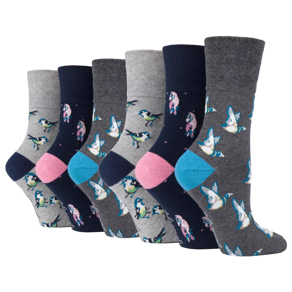 6 Pairs Ladies Fun Feet Cotton Socks - Love Birds Grey/Blue