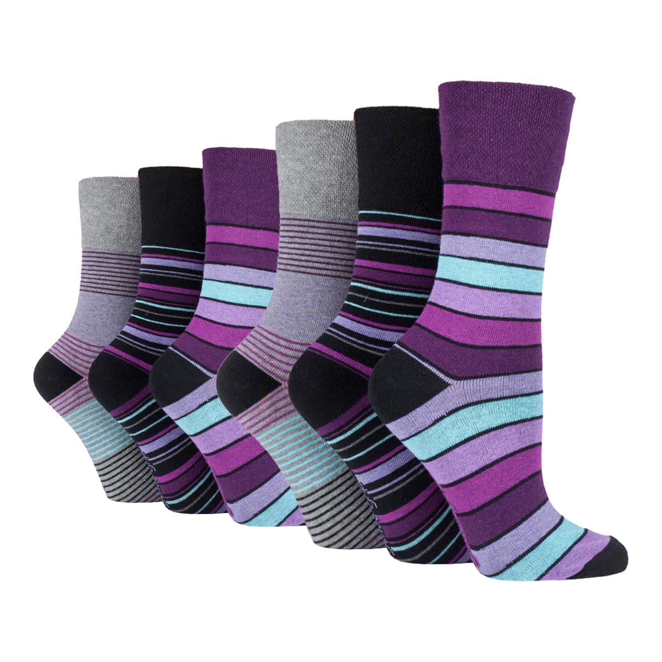 6 Pairs Ladies Gentle Grip Cotton Socks - Mixed Black Stripe