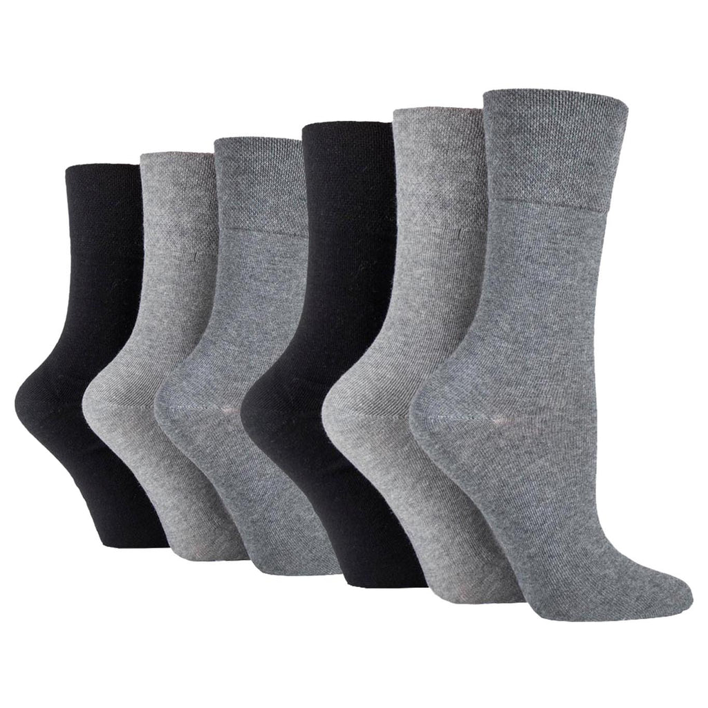 6 Pairs Ladies Gentle Grip Plain Cotton Socks - Black/Charcoal/Grey