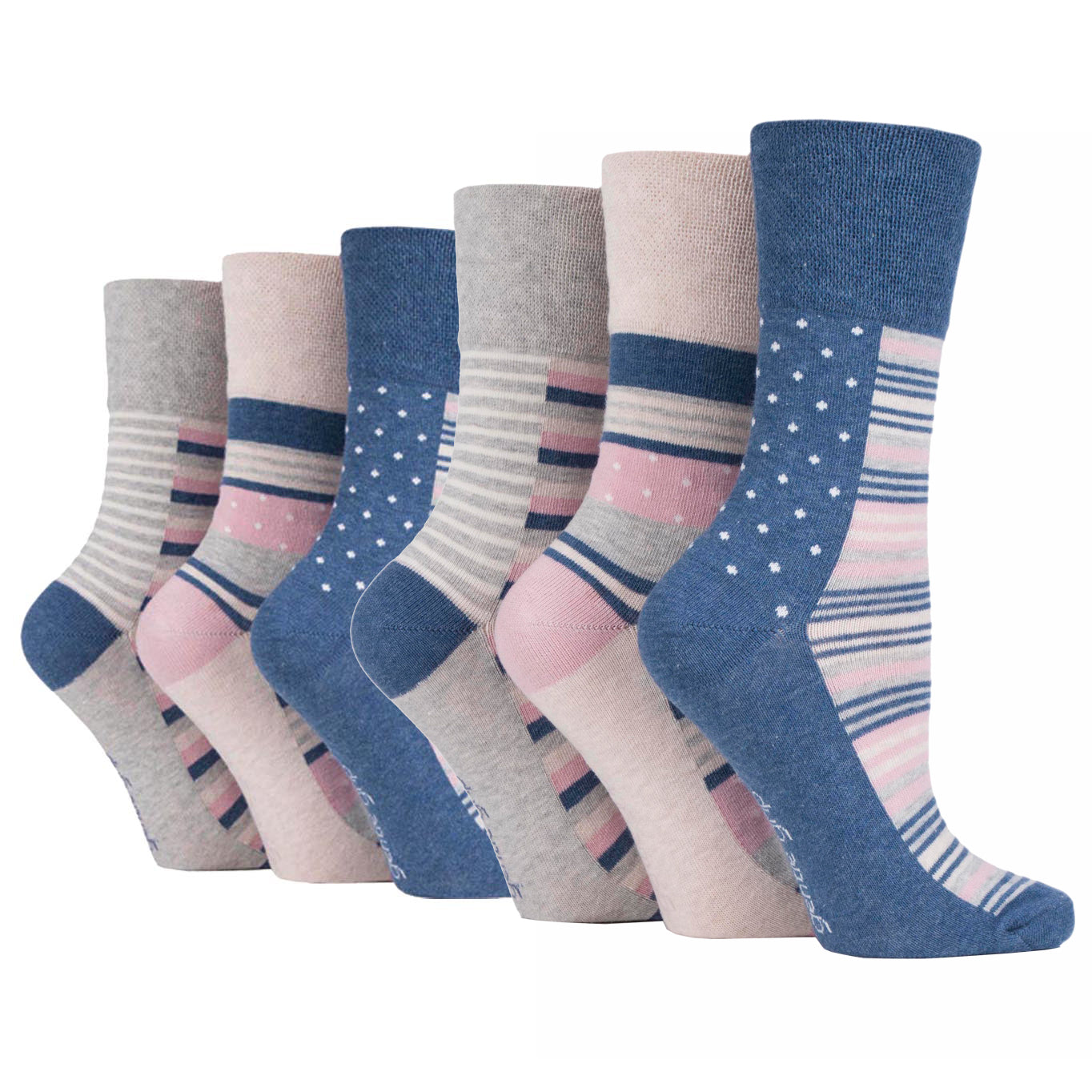6 Pairs Ladies Gentle Grip Cotton Socks Weekender Navy/Cream/Grey