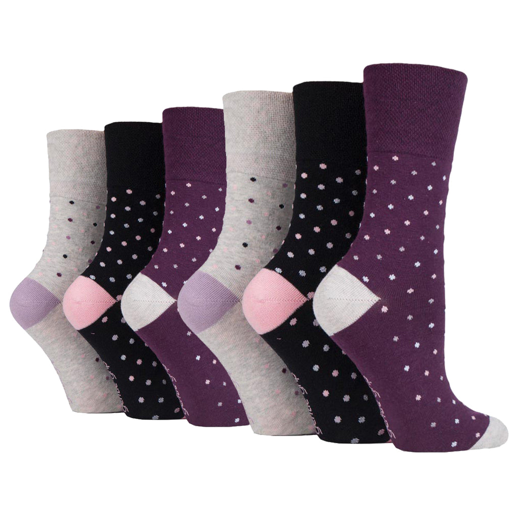 6 Pairs Ladies Gentle Grip Cotton Socks - Ritz Black/Grey/Plum