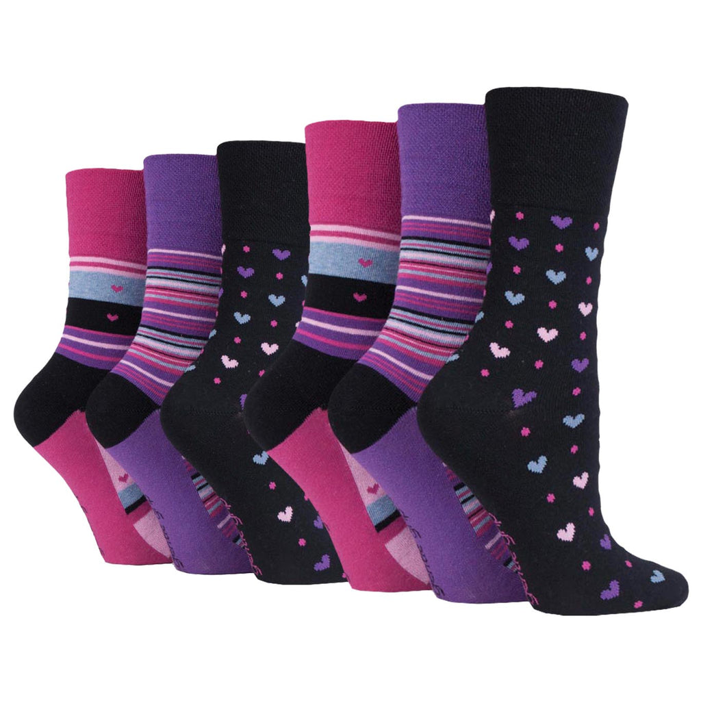 6 Pairs Ladies Gentle Grip Cotton Socks - Sweetheart Black/Pink/Purple