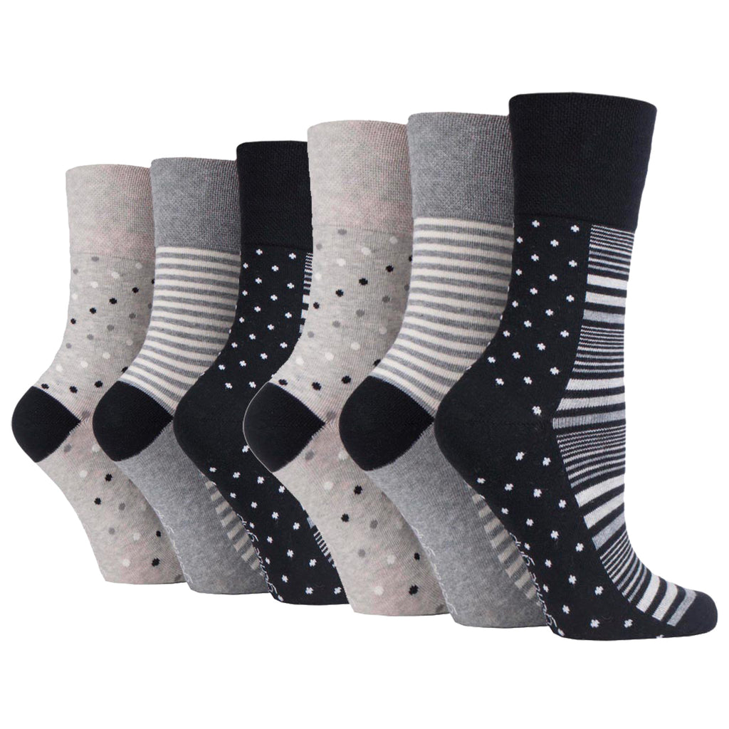 6 Pairs Ladies Gentle Grip Cotton Socks Monochrome Black / Grey