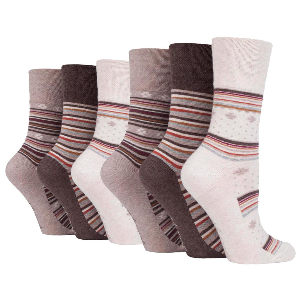 6 Pairs Ladies Gentle Grip Cotton Socks - Folk Brown