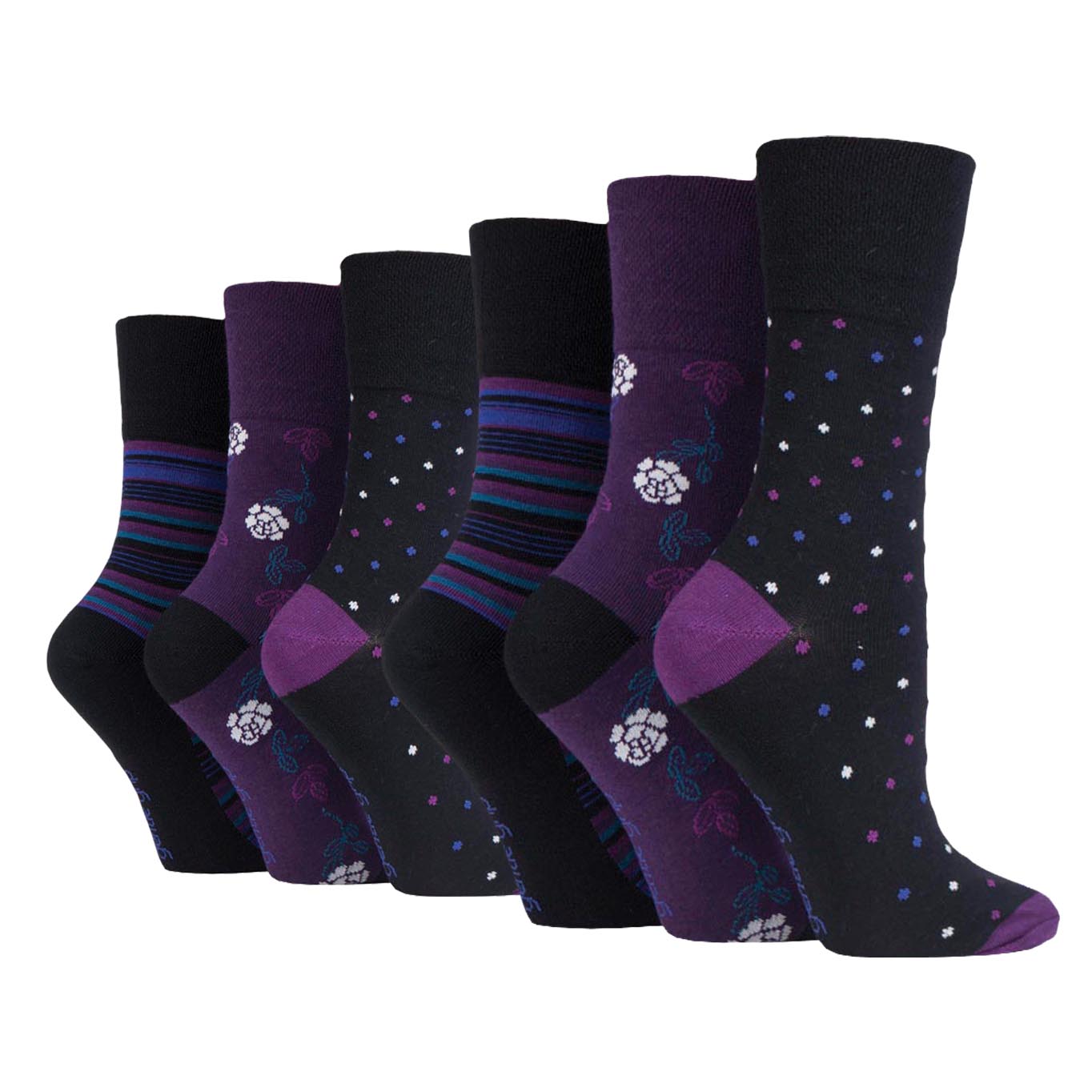 6 Pairs Ladies Gentle Grip Cotton Socks Enchantment Black/Purple