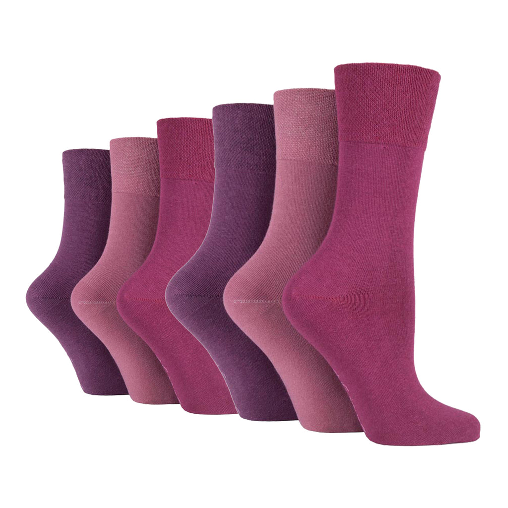 6 Pairs Ladies Gentle Grip Plain Cotton Socks - Pink/Purple