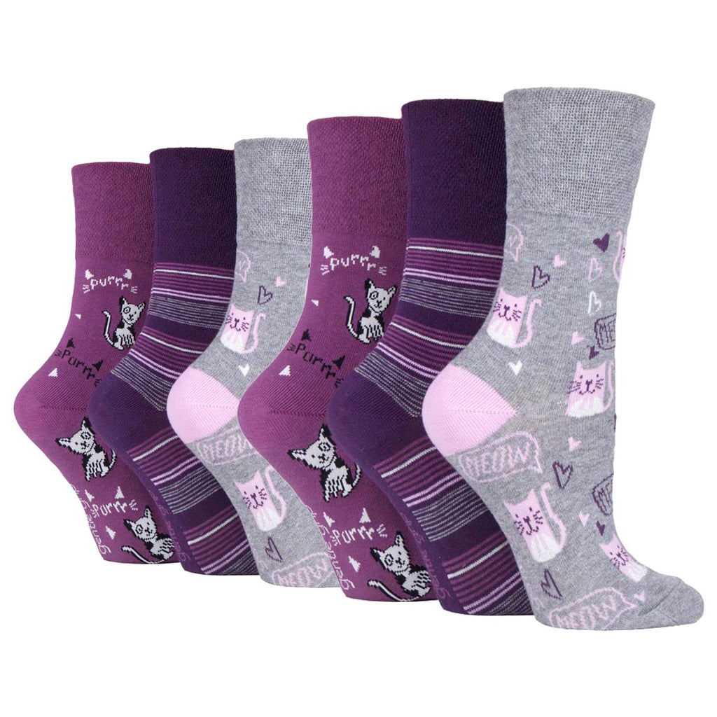 6 Pairs Ladies Gentle Grip Cotton Socks Fun Feet Kitten Purrrfect