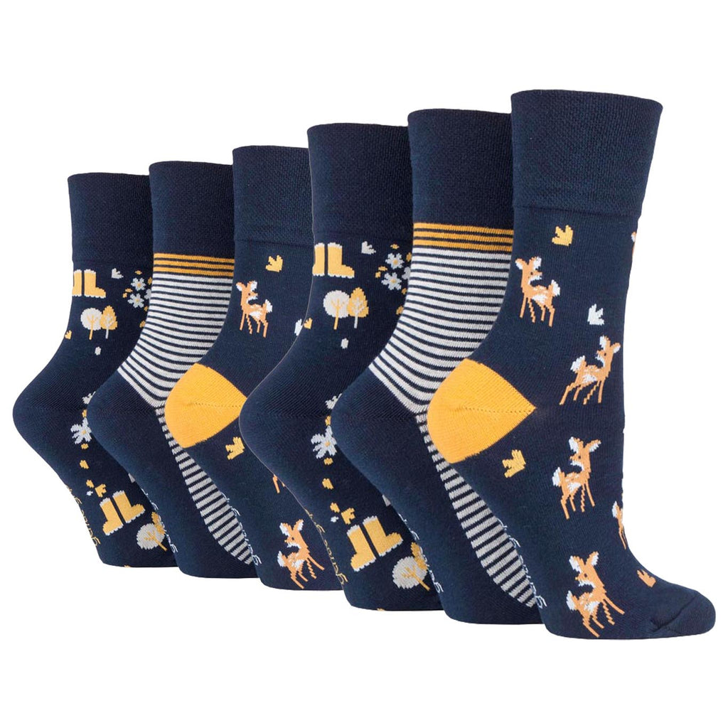 6 Pairs Ladies Gentle Grip Cotton Socks Fun Feet Woodland Walk Navy