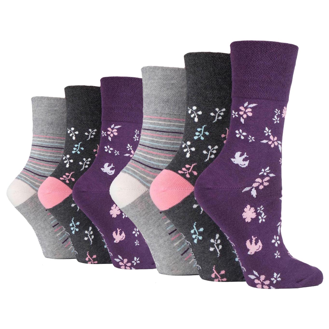 6 Pairs Ladies Gentle Grip Cotton Socks Romance Purple/Grey
