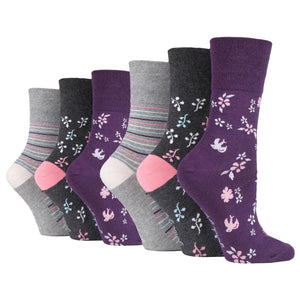 6 Pairs Ladies Gentle Grip Cotton Socks - Romance Purple/Grey