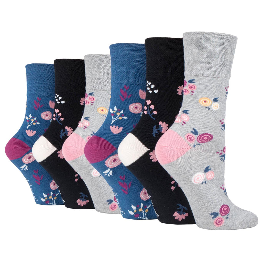 6 Pairs Ladies Gentle Grip Cotton Socks - Floral Embrace