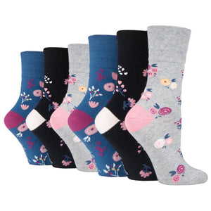6 Pairs Ladies Gentle Grip Cotton Socks Floral Embrace Black/Grey/Denim