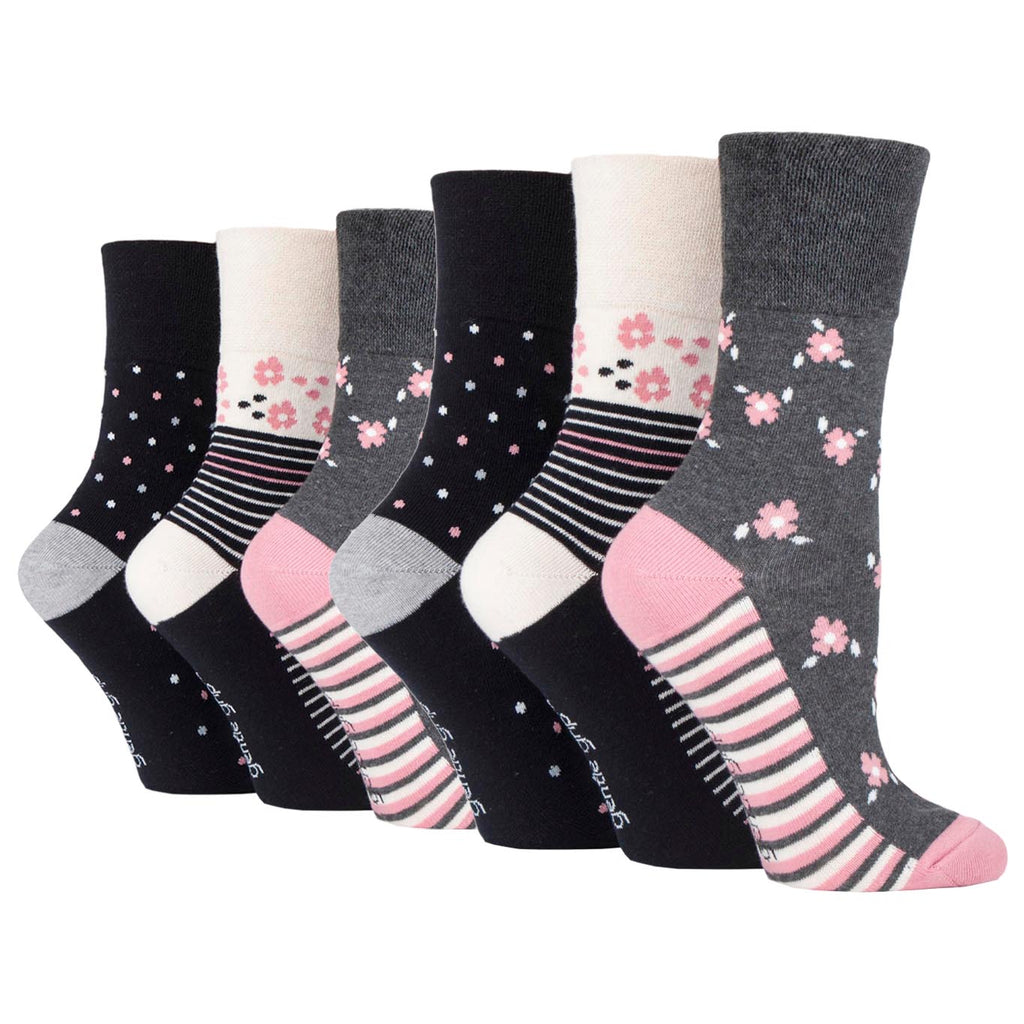 6 Pairs  Ladies Gentle Grip Cotton Socks Floral Hybrid Black/Cream/Charcoal