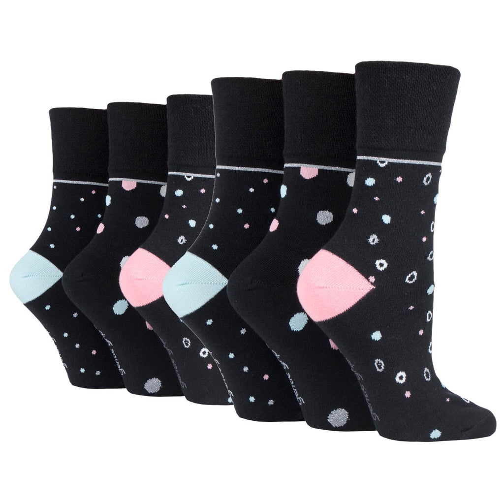 6 Pairs Ladies Gentle Grip Cotton Socks - Mod Dots Black