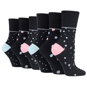6 Pairs Ladies Gentle Grip Cotton Socks Mod Dots Black