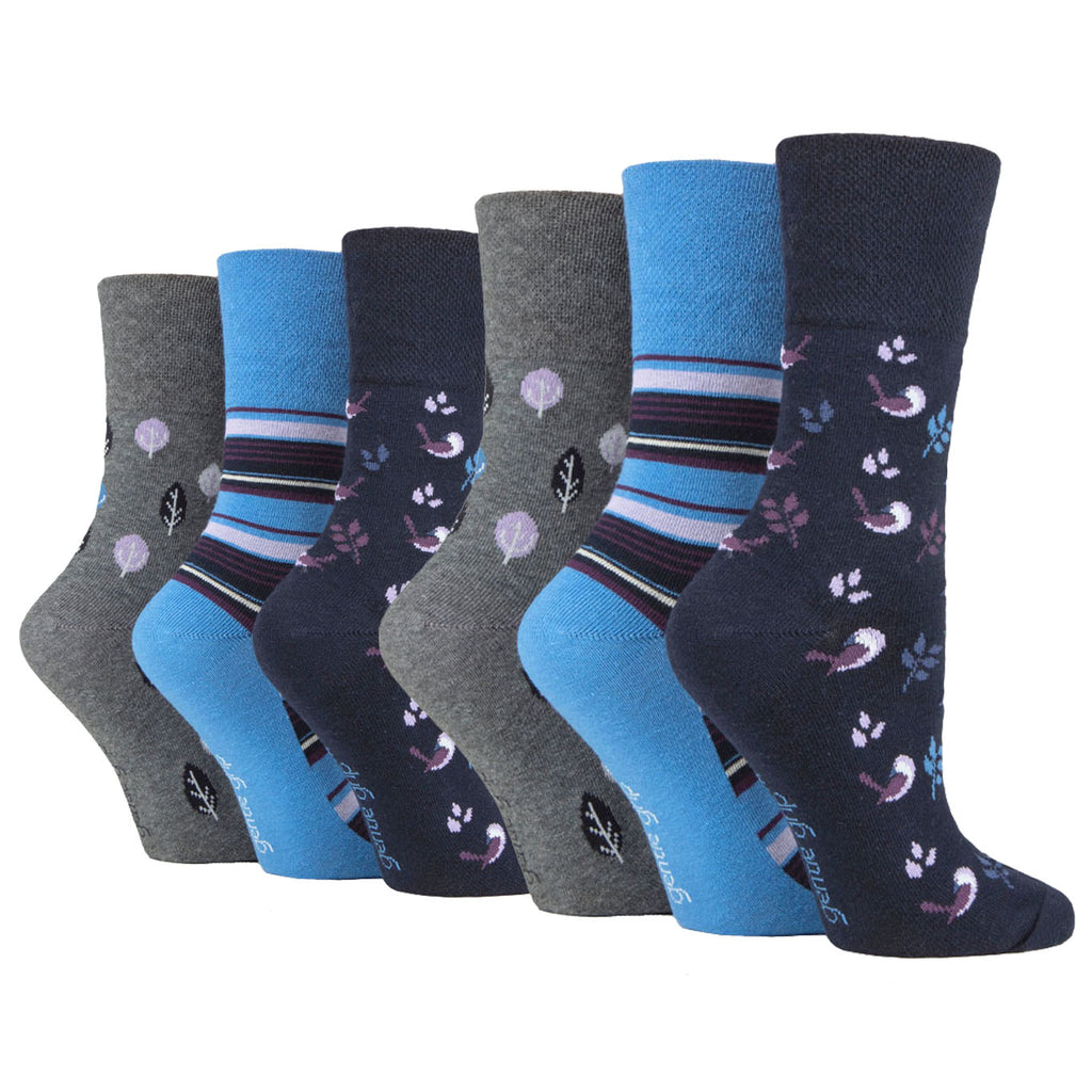 6 Pairs Ladies Gentle Grip Cotton Socks - Nature Bird Navy Blue