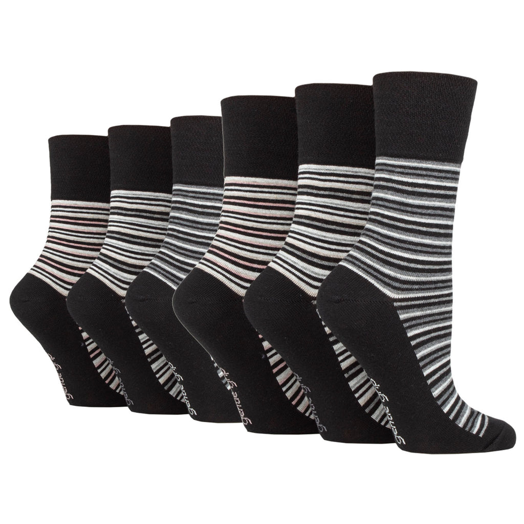 6 Pairs Ladies Gentle Grip City Varied Stripe Cotton Socks - Black