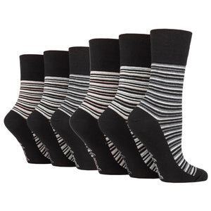 6 Pairs Ladies Gentle Grip Cotton Socks City Varied Stripe Black