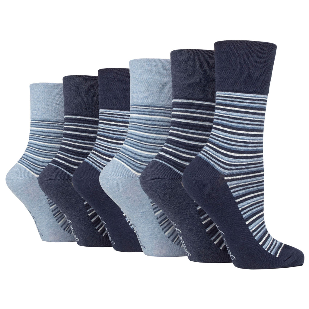 6 Pairs Ladies Gentle Grip Cotton Socks City Varied Stripe Navy/Denim