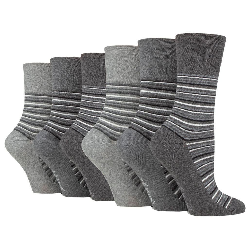 6 Pairs Ladies Gentle Grip City Varied Stripe Cotton Socks - Charcoal/Grey