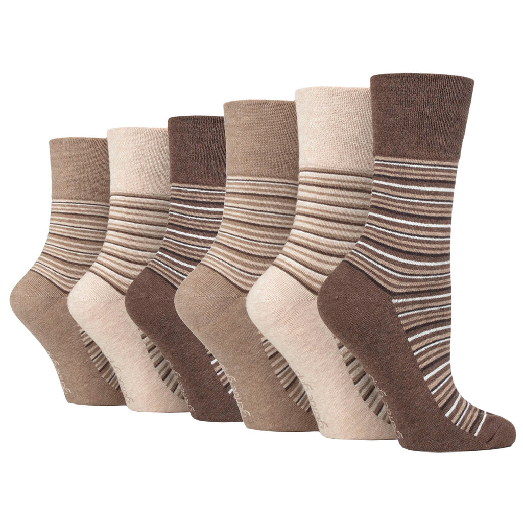 6 Pairs Ladies Gentle Grip City Varied Stripe Cotton Socks - Brown/Neutral