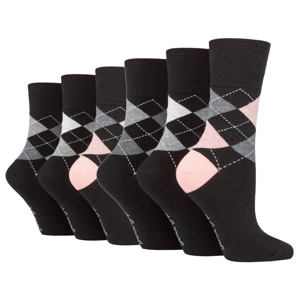 6 Pairs Ladies Gentle Grip Cotton Socks Highlands Argyle - Black