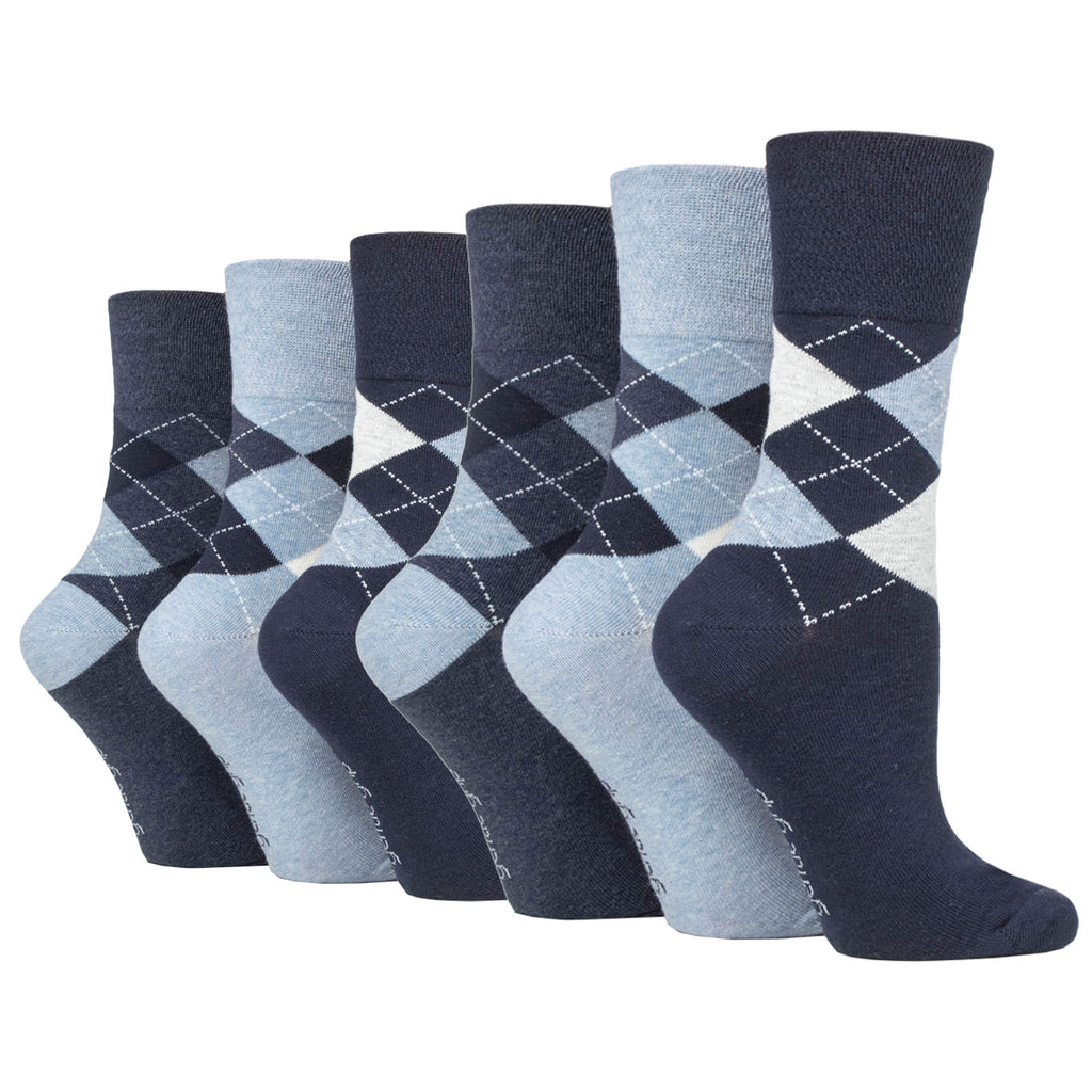 6 Pairs Ladies Gentle Grip Highlands Argyle Cotton Socks - Navy/Denim