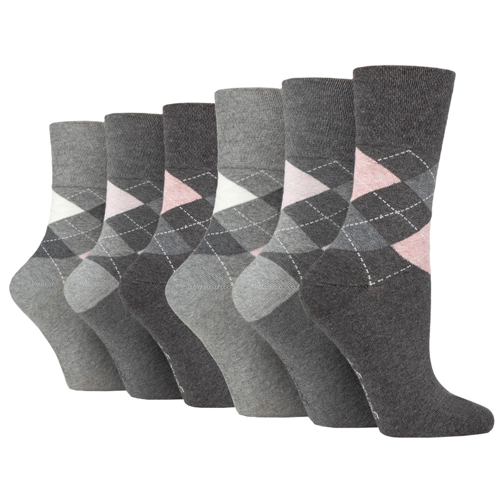 6 Pairs Ladies Gentle Grip Cotton Socks Highlands Argyle - Charcoal/Grey