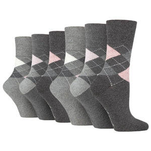 6 Pairs Ladies Gentle Grip Cotton Socks Highlands Argyle Charcoal/Grey