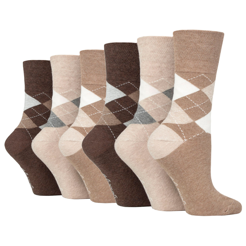 6 Pairs Ladies Gentle Grip Highlands Argyle Cotton Socks - Brown/Neutral