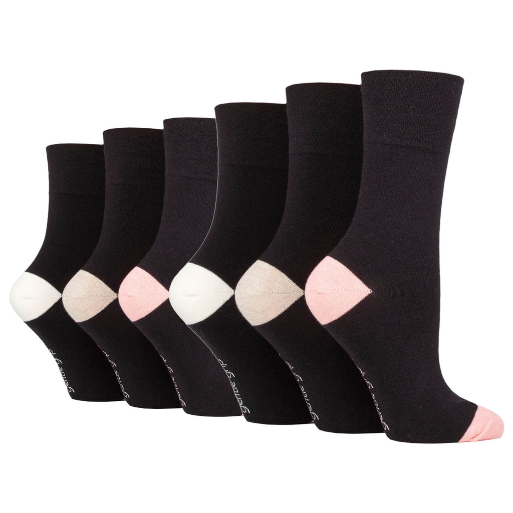 6 Pairs Ladies Gentle Grip Seclude Contrast Heel & Toe Cotton Socks - Black