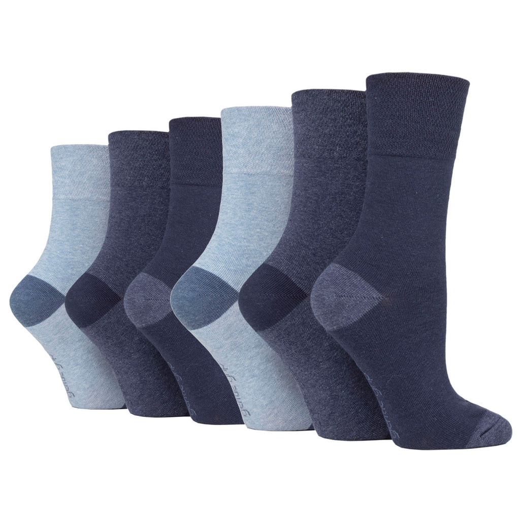 6 Pairs Ladies Gentle Grip Seclude Contrast Heel & Toe Cotton Socks - Navy/Denim
