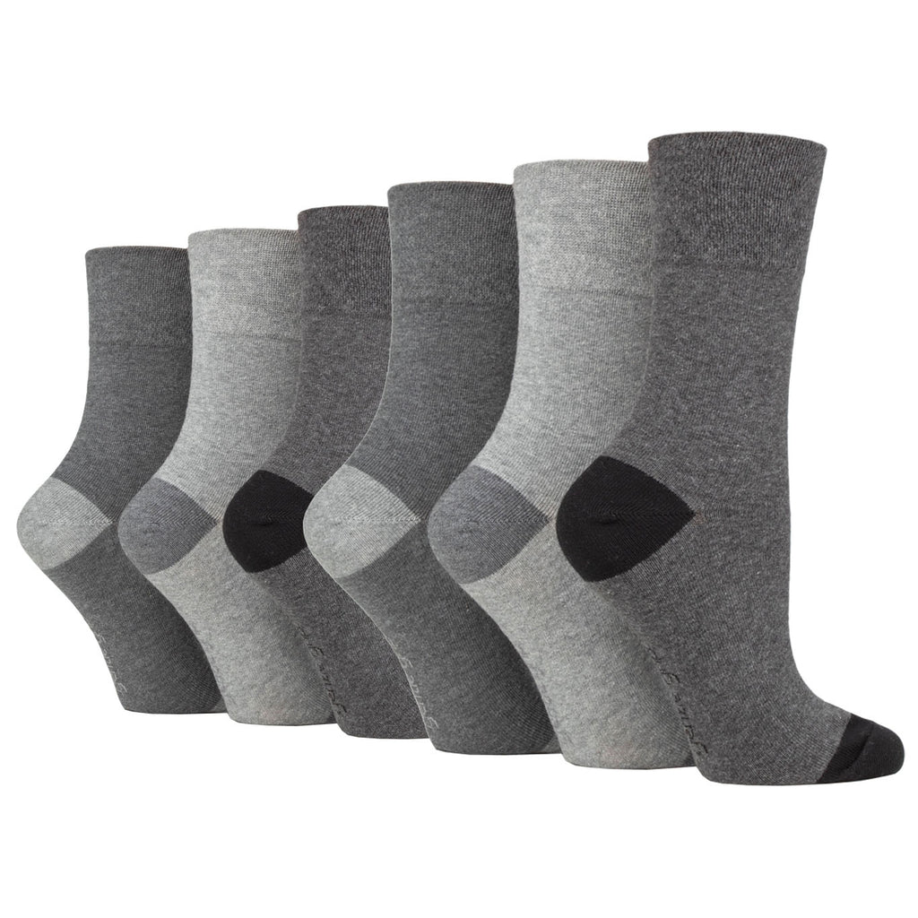 6 Pairs Ladies Gentle Grip Seclude Contrast Heel & Toe Cotton Socks - Charcoal/Grey