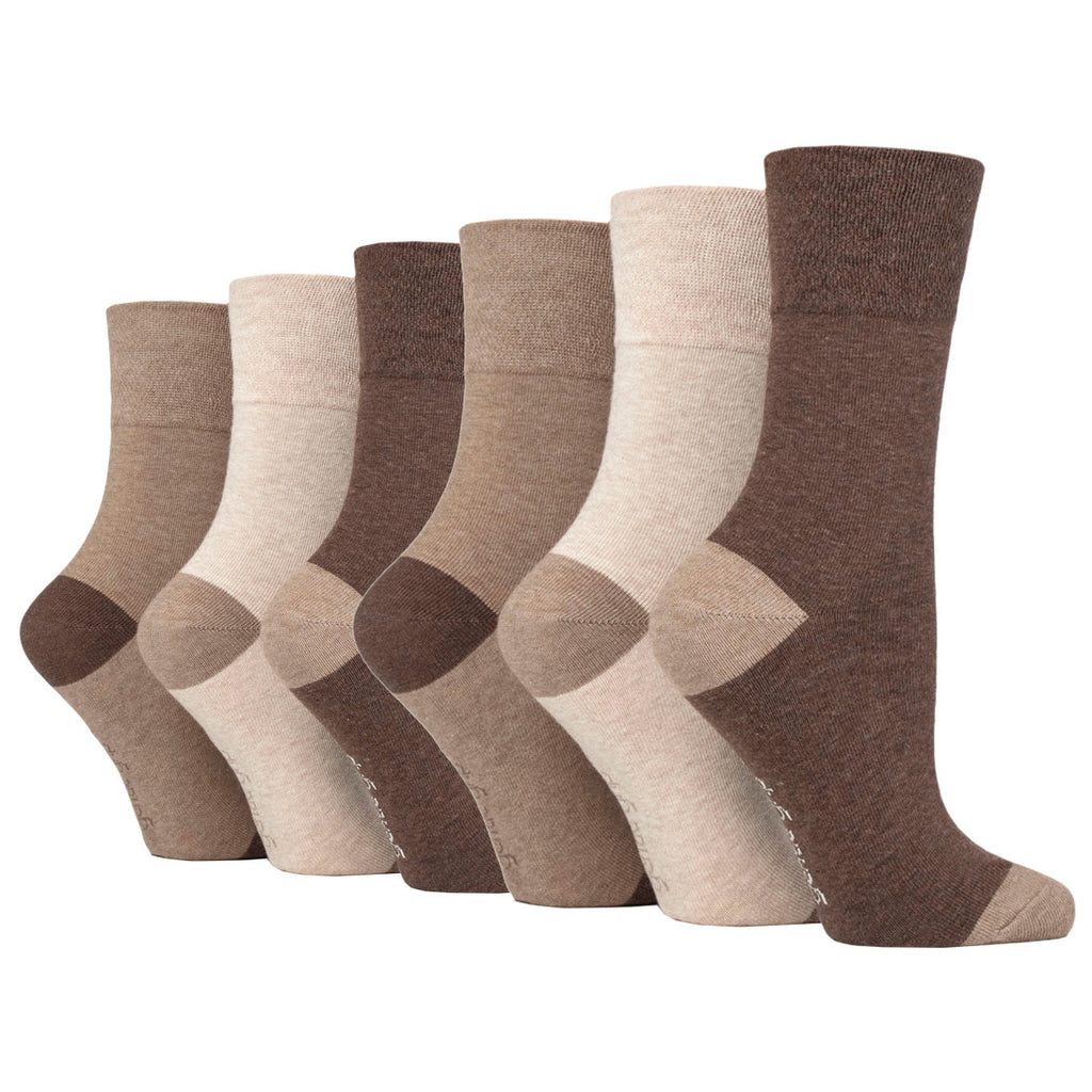 6 Pairs Ladies Gentle Grip Seclude Contrast Heel & Toe Cotton Socks - Brown/Neutral