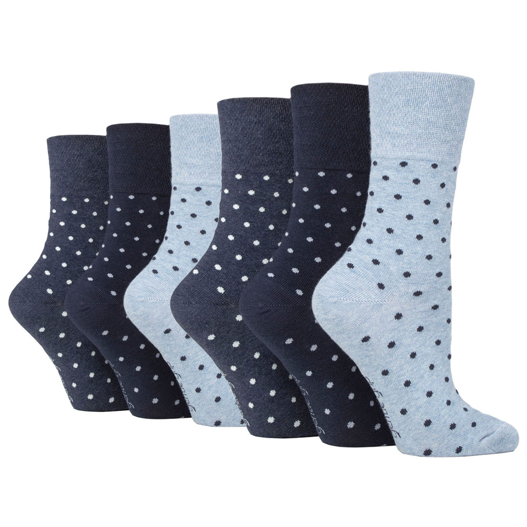 6 Pairs Ladies Gentle Grip Digital Dots Cotton Socks - Navy/Denim