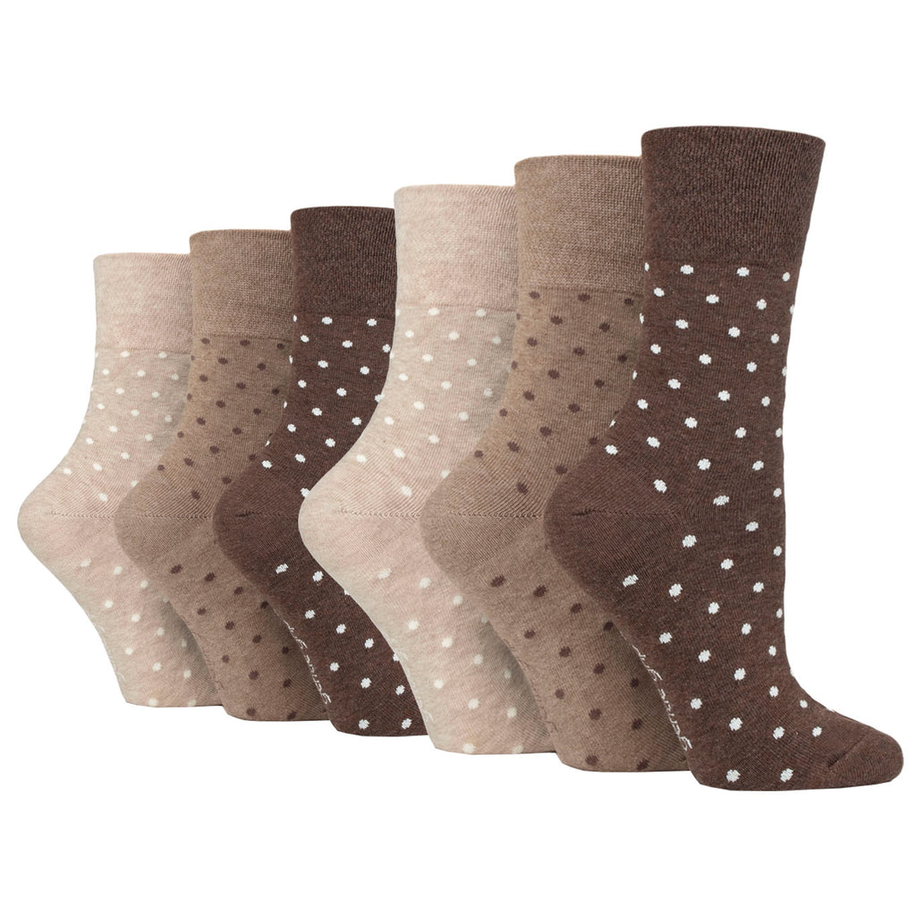 6 Pairs Ladies Gentle Grip Digital Dots Cotton Socks - Brown/Neutral