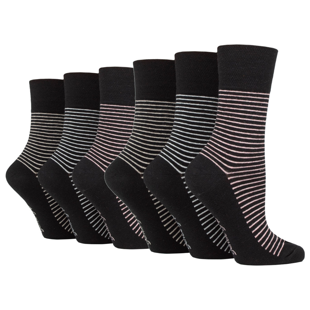 6 Pairs Ladies Gentle Grip Varsity Fine Stripe Cotton Socks - Black