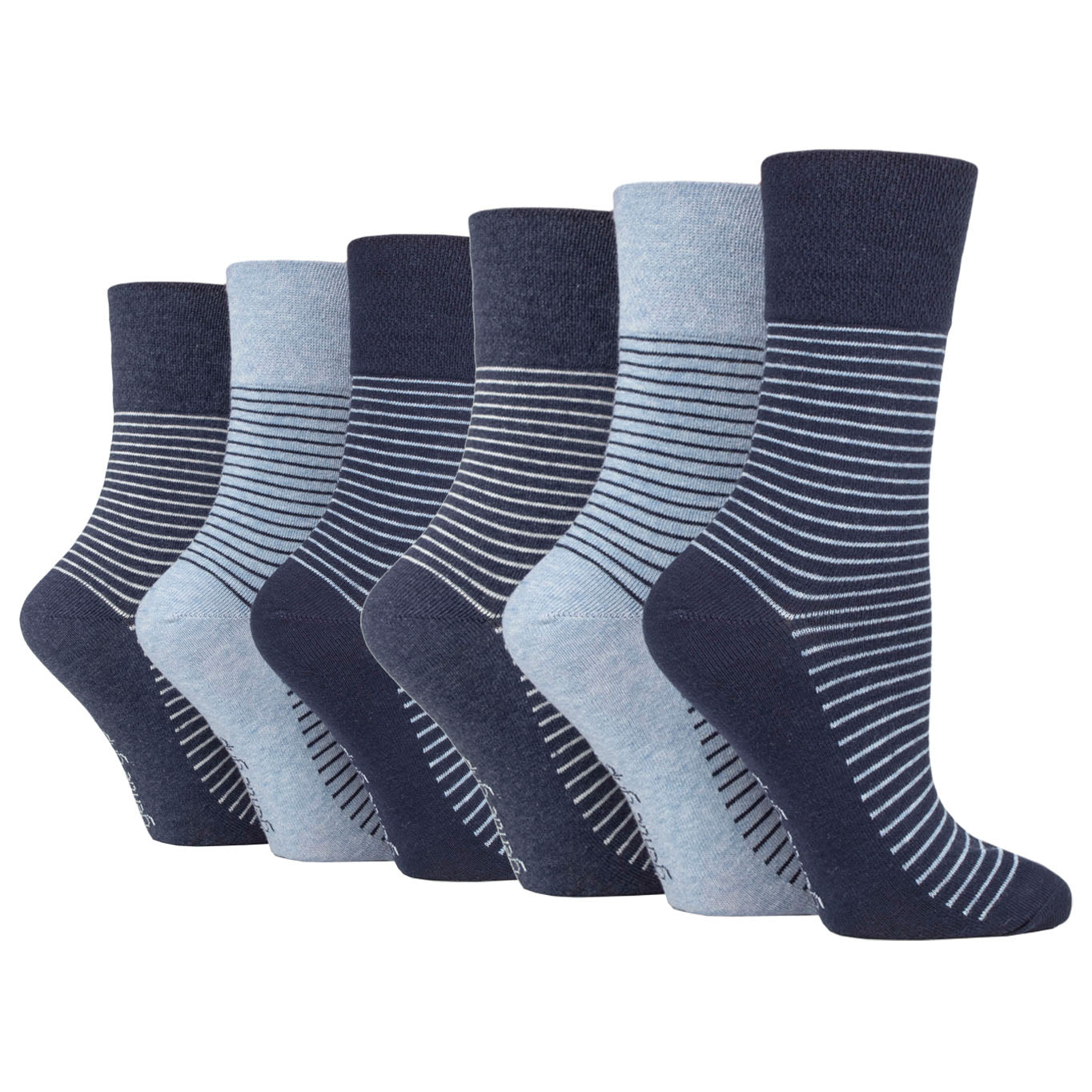 6 Pairs Ladies Gentle Grip Varsity Fine Stripe Cotton Socks - Denim/Navy