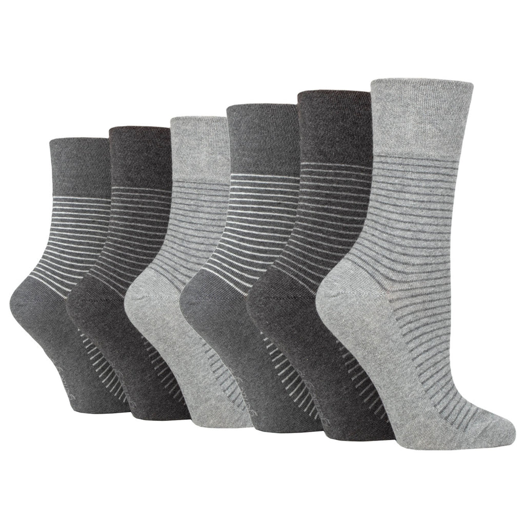 6 Pairs Ladies Gentle Grip Varsity Fine Stripe Cotton Socks - Charcoal/Grey