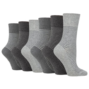 6 Pairs Ladies Gentle Grip Cotton Socks Varsity Fine Stripe Charcoal/Grey