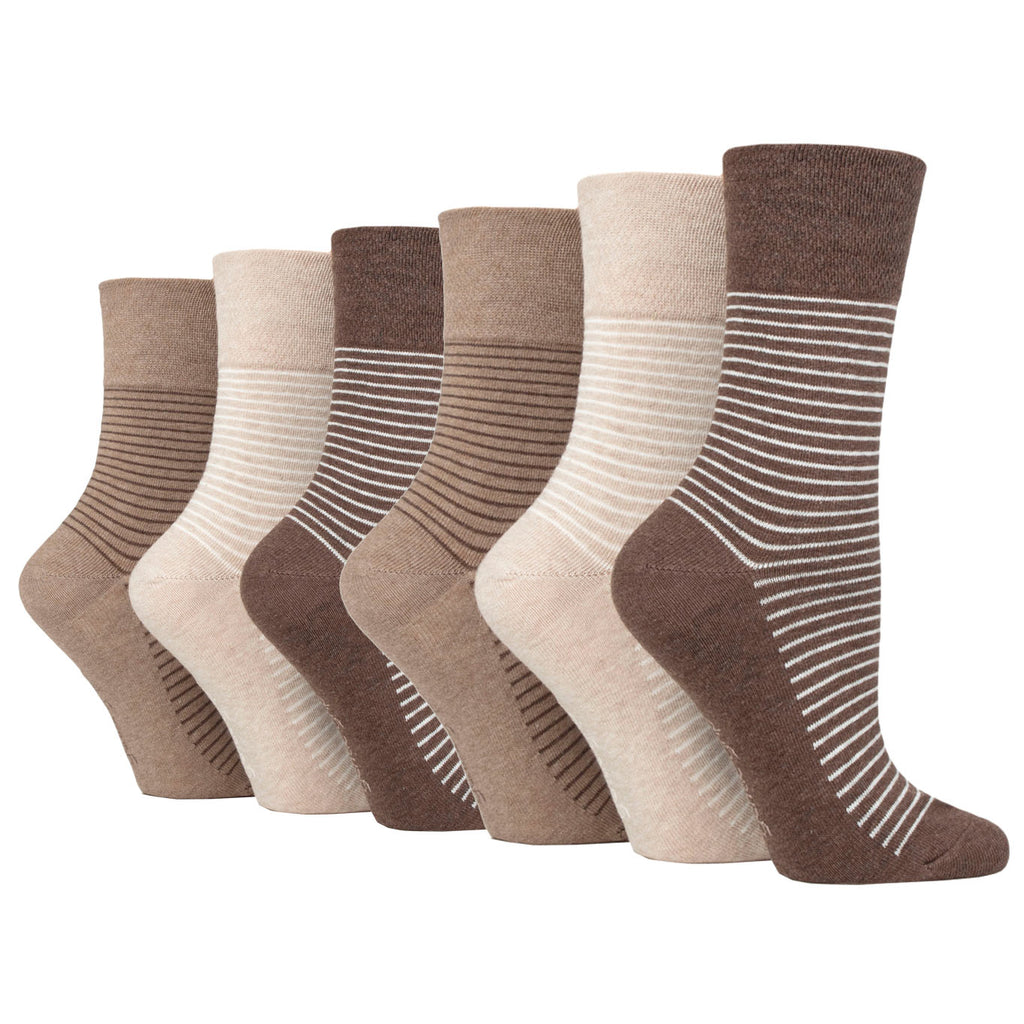 6 Pairs Ladies Gentle Grip Varsity Fine Stripe Cotton Socks - Brown/Neutral