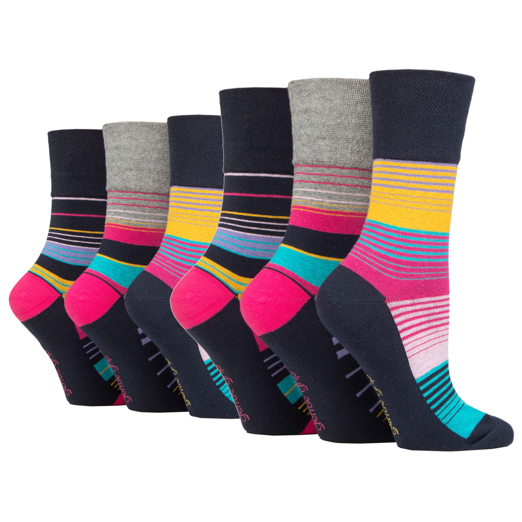 6 Pairs Ladies Gentle Grip Cotton Socks Colourburst - Stripey Vibes