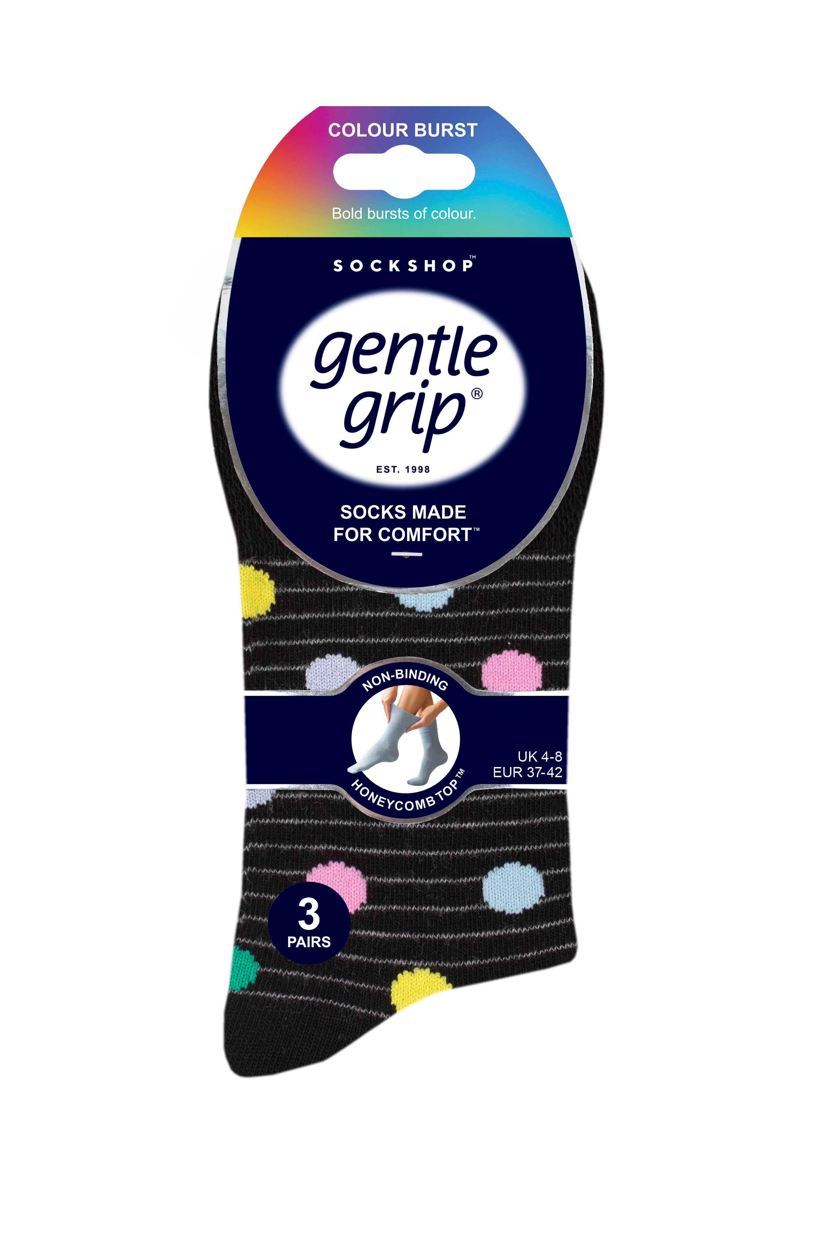 6 Pairs Ladies Gentle Grip Colourburst Cotton Socks - Pastel Shower