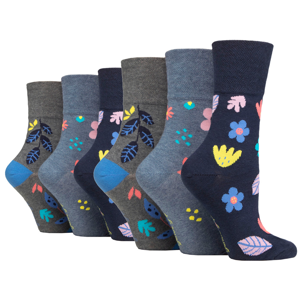 6 Pairs Ladies Gentle Grip Cotton Socks Colourburst - Floral Pop