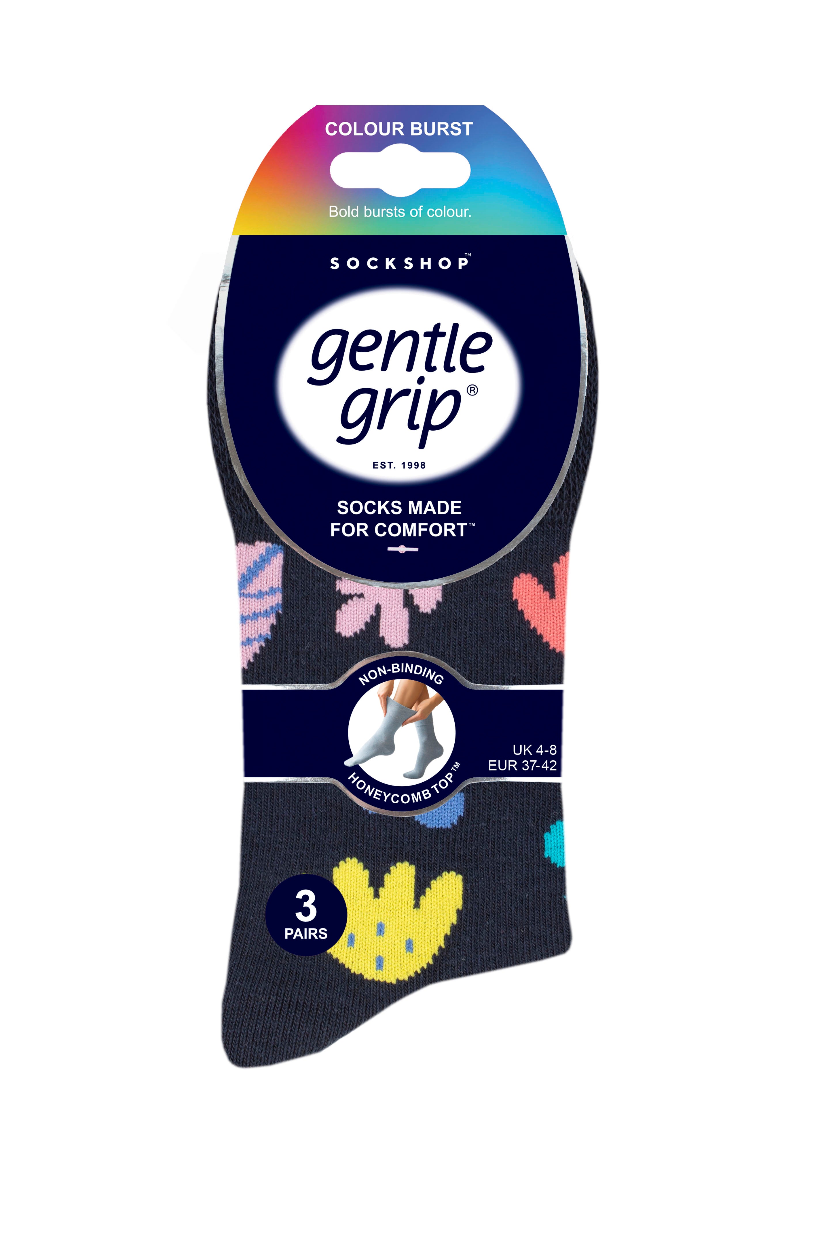 6 Pairs Ladies Gentle Grip Colourburst Cotton Socks - Floral Pop