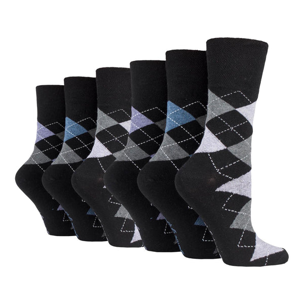 6 Pairs Ladies Cotton Socks Argyle - Black