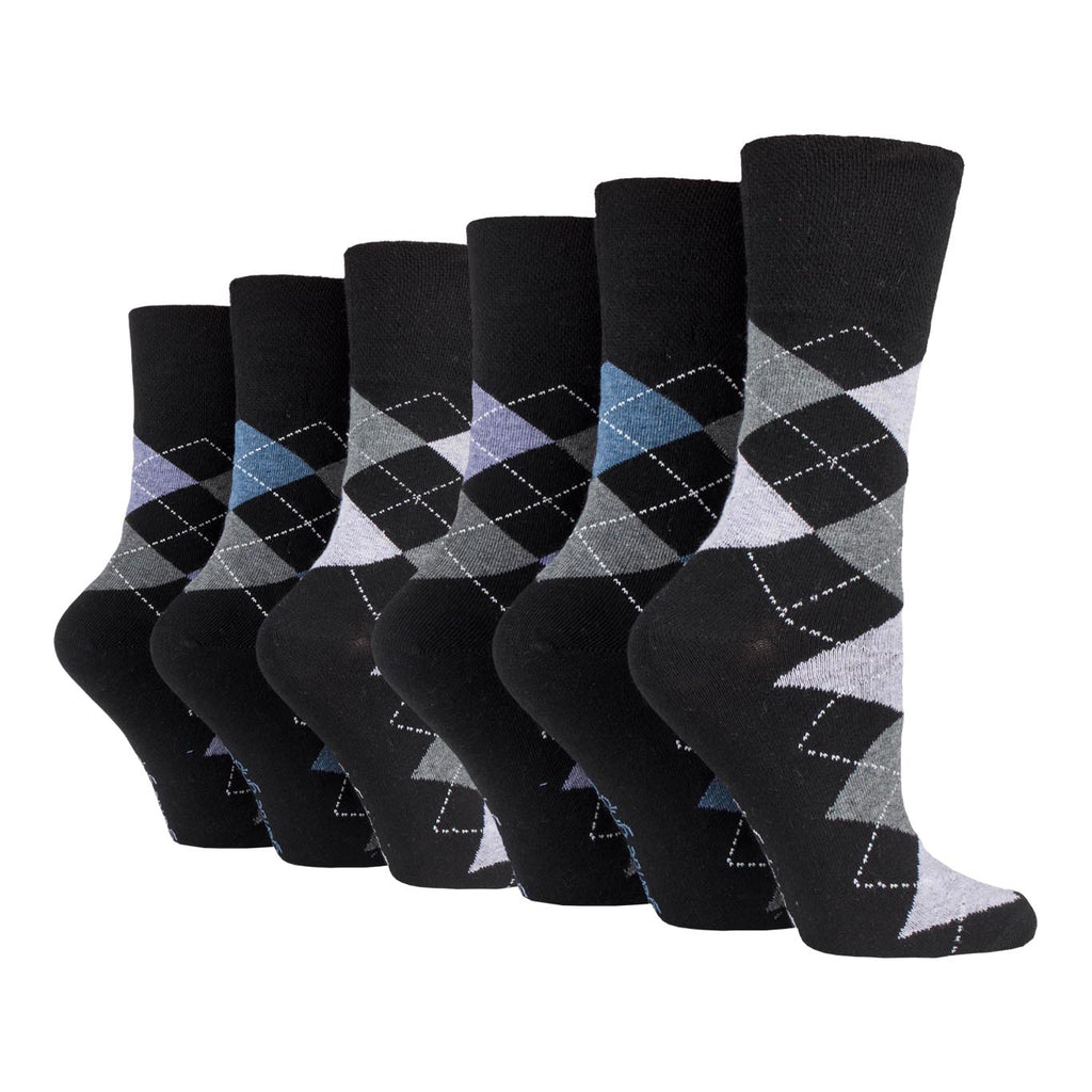 6 Pairs Ladies Gentle Grip Cotton Socks Argyle - Black