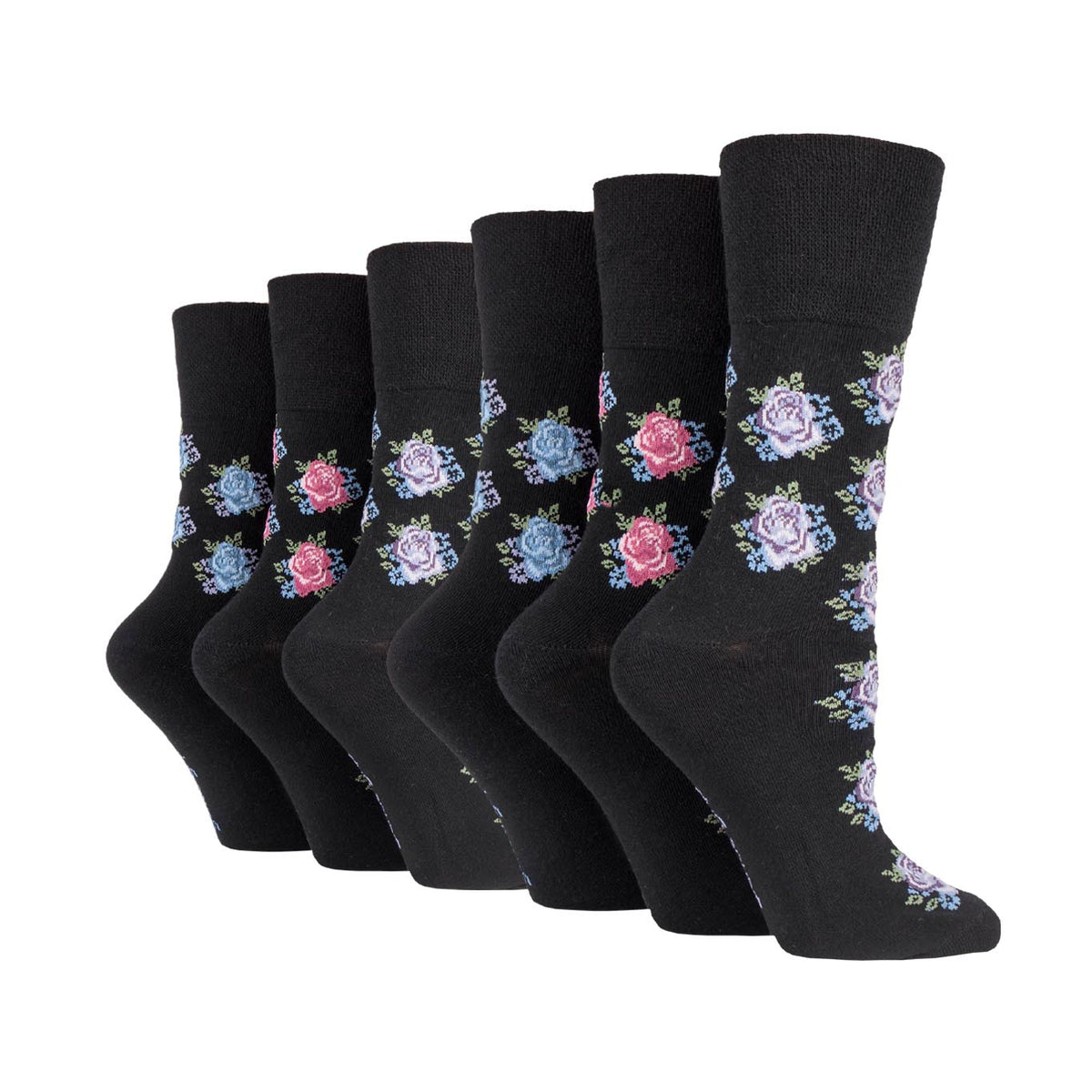 6 Pairs Ladies Cotton Socks - Black Rose