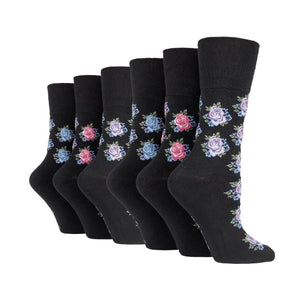 6 Pairs Ladies Gentle Grip Cotton Socks - Black Rose