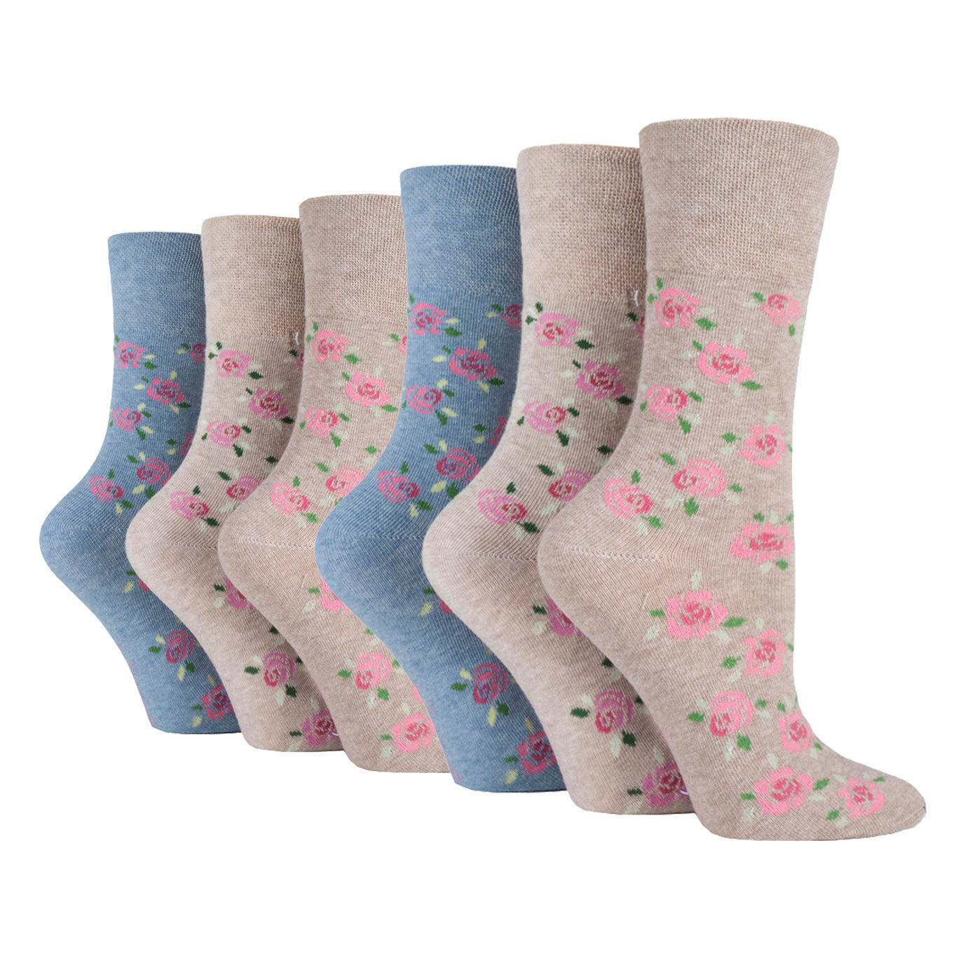 6 Pairs Ladies Gentle Grip Cotton Socks Blue/Neutral